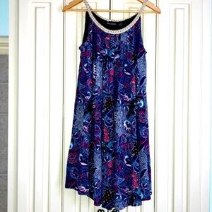 NINA LEONARD 100% Rayon Floral Mini Sleeveless Tunic Dress Gold Neckline Large